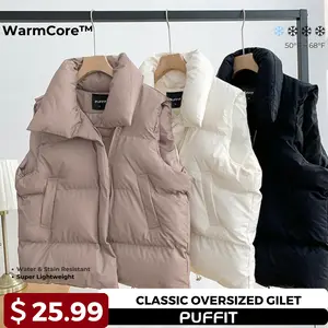 【Clearance】PUFFIT WarmCore Premium Women Warmer Oversized Puffer Gilet, Sleeveless Waistcoat Quilted Vest, Water Repellent Deep Pockets Adjustable Toggles Versatile Style