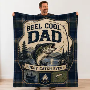 Reel Cool Dad Fishing Blanket, Father’s Day Gift for Dad, Best Catch Ever Flannel Throw Blanket, Soft Cozy Bass Fish Blanket for Couch Bed Sofa, Birthday Gift from Daughter Son Wife for Fisherman Dad