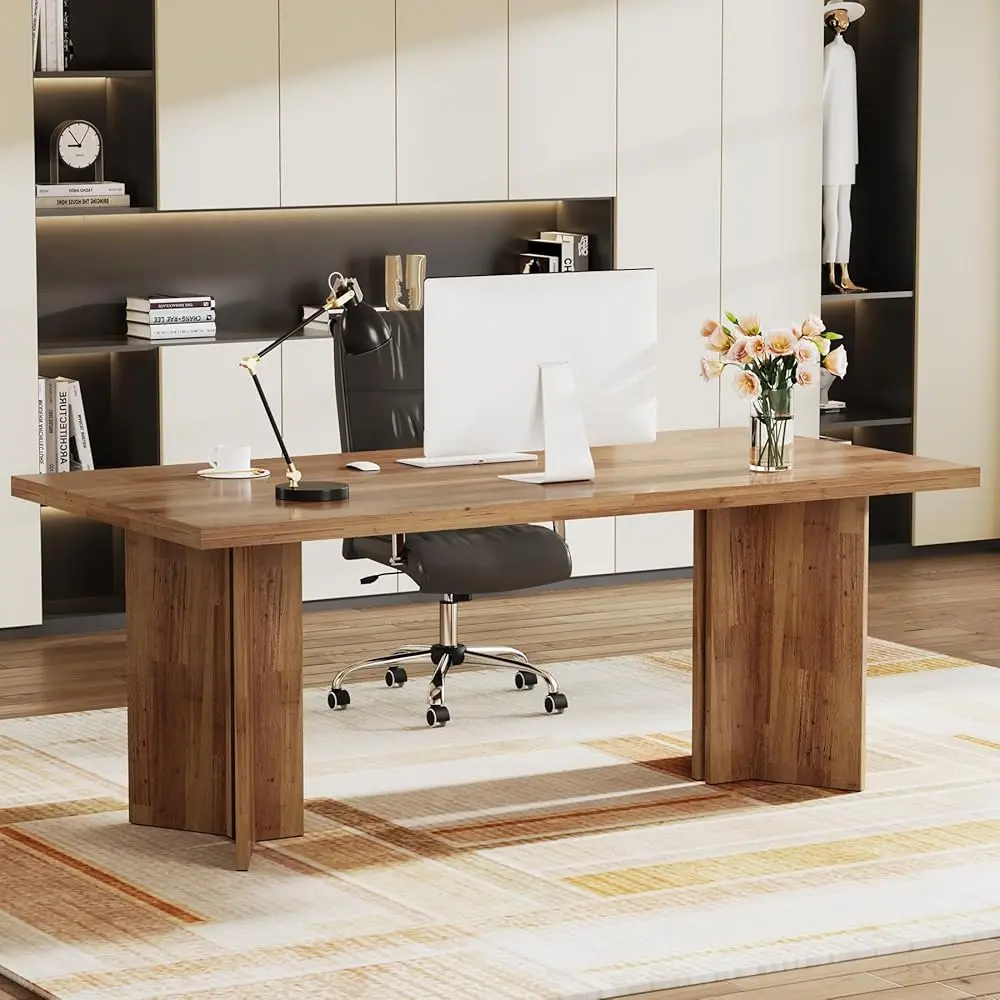 Tribesigns Executive Desk, 63-Inch, Vintage Walnut Brown Home Office Computer Table with Large Workstation Ergonomic Chair