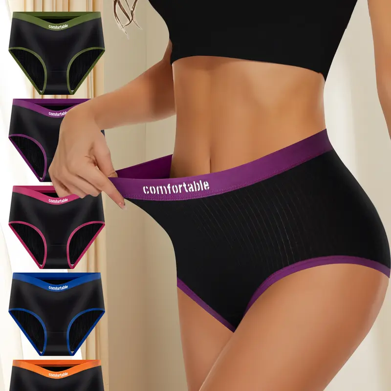 QUASTI 5-Pieces Women's Contrast with Letter Briefs Set, High Waist Comfortable Cotton Stretch Briefs suit for Daily Wear Womenswear, Elegant Briefs for Women Girls Gifts, S-XXL