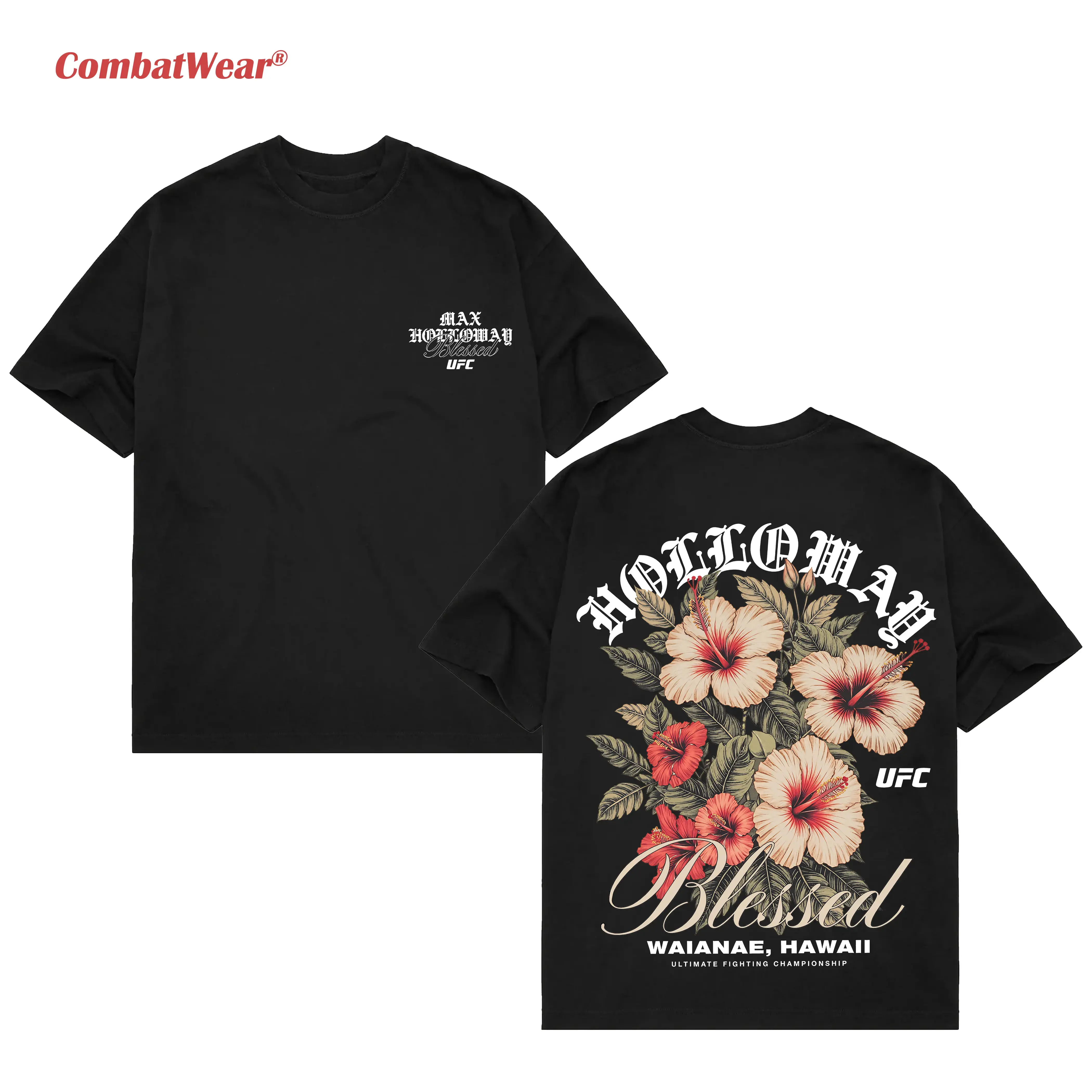 COMBATWEAR Max Holloway Blessed Hawaii Graphic T-Shirt Vintage Washed Oversized UFC Streetwear Y2K Heavy Cotton Double Sided Bootleg Tee Retro Distressed MMA Fightwear