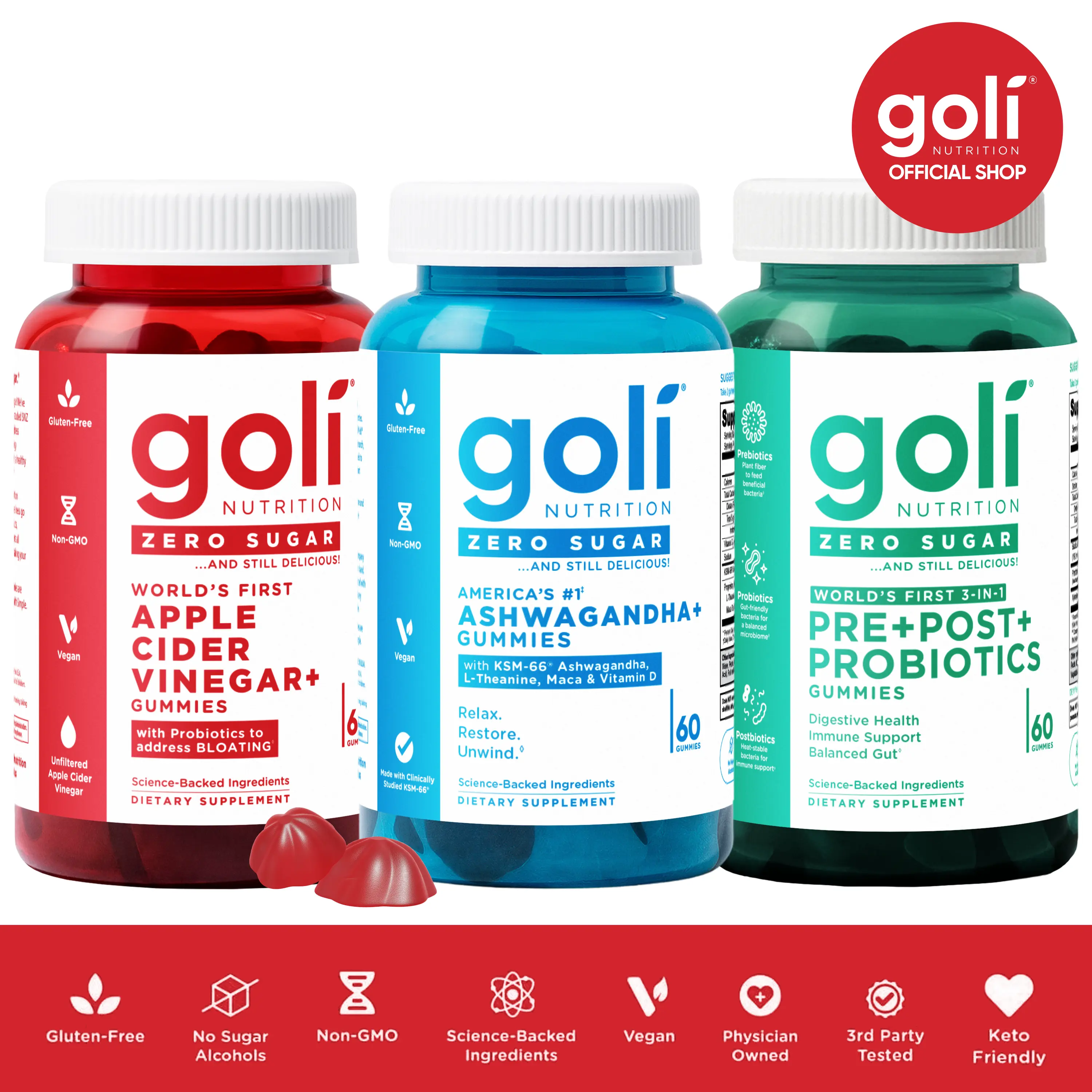 Zero Sugar Best Seller Trio - World's First 3-in-1 Pre, Post, Probiotic, Apple Cider Vinegar with Vitamin B12 and Probiotics To Address Bloating, Ashwagandha & L-Theanine, Vitamin D gummies. Gluten-Free, Vegan, Non-GMO & Gelatin-Free