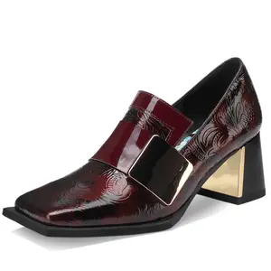 TDD Loafers for Women Patent Leather Buckle Square Toe Chunky Block Dress Slip On Wide Casual Comfortable Dressy High Heels Ladies Comfort Moccasins Elegantes 2 Inch Shoes Burgundy
