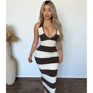 Cindy Halter Neck Big Stripe Long Dress (Mocha/Ivory)