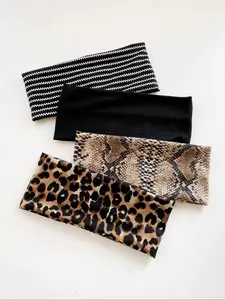 4pcs Non-Slip Wide Headbands for Women, Leopard Snake Print Stretch Hair Bands Set, Soft Elastic Workout Sweatbands, Fashion Y2K Hair Accessories for Yoga, Running, Makeup, Daily Wear, Comfortable Grip Headbands for Girls