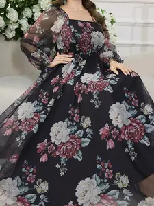 Women's Plus Size Elegant Chiffon Shirred Midi Dress, Long Sleeve Loose-Fitting Floral Print Dress, All Seasons Woven Fabric Fashion