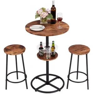 VECELO 3 Piece Bar Table Set Small 2-Tier Round Pub Table With Counter Height Bar Stools Home Bar Restaurant Wooden Top Bar Dining Bistro Table 2 Chairs Set
