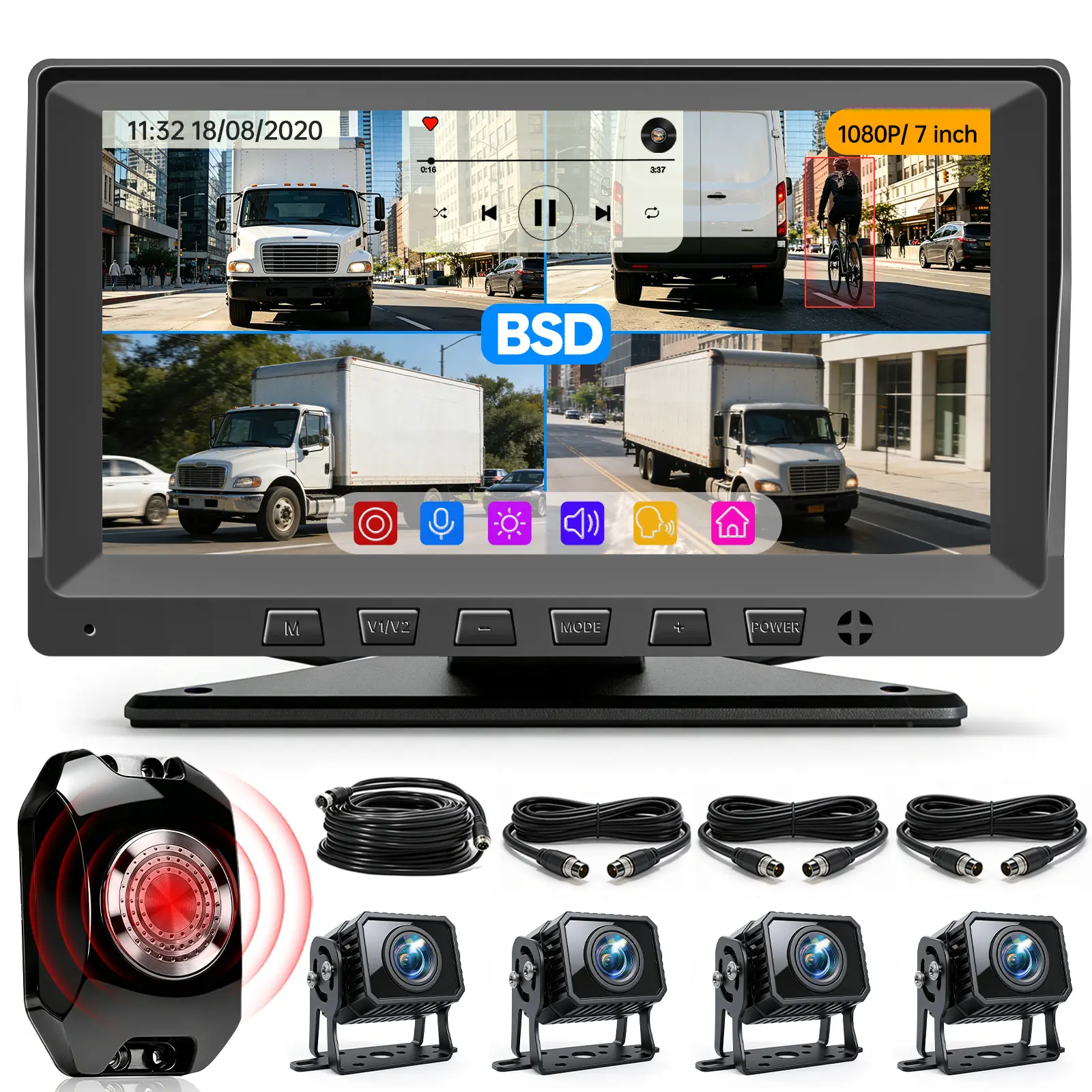 ConewVehicle Wired Backup Camera System for Truck,7 inch 1080P HD Split Screen,MP5 Player,4CH Reverse Camera,BSD with Audible Alarm,DVR Loop Recording,Easy Install, IR Night Vision,Waterproof,Rear Camera for Trucks,Trailers,RVs,Campers,Tractors