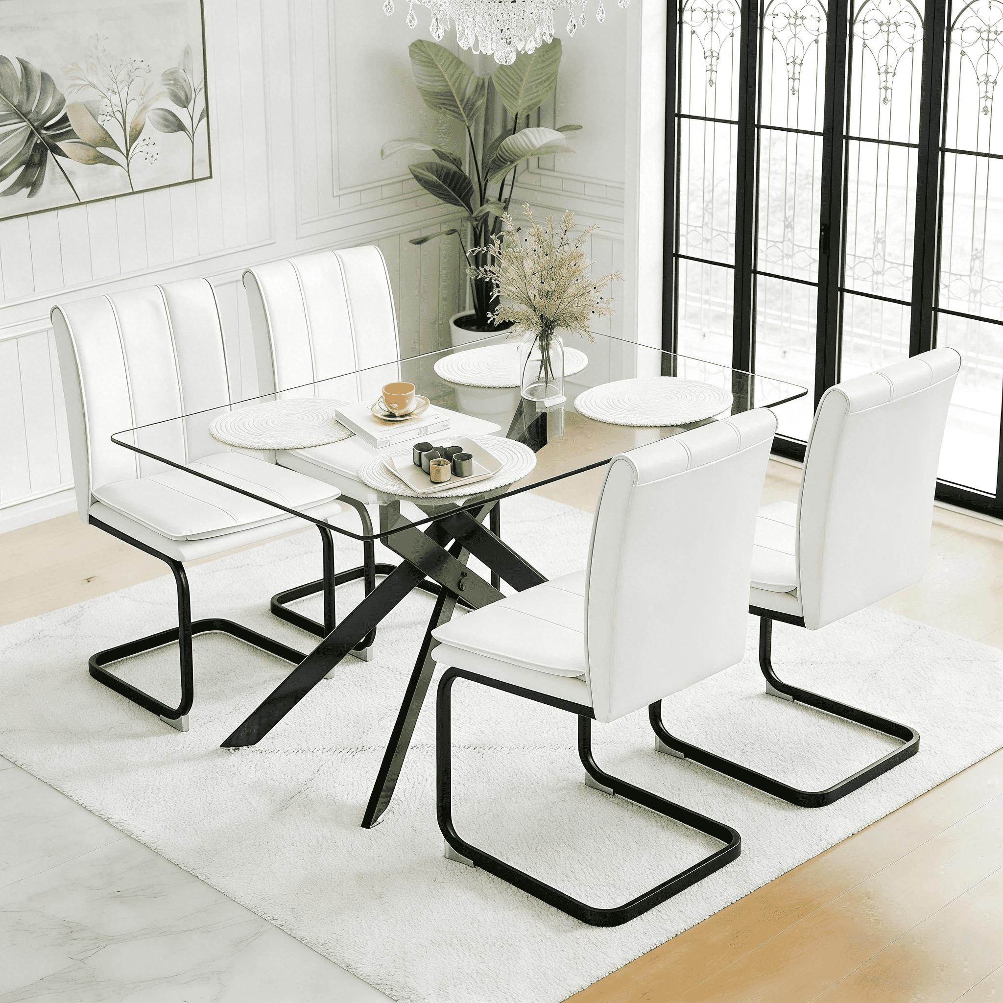 51.18 "Rectangular Glass Dining Table with Clear Tempered Glass, Golden Plated Tubular Metal Legs with Adjustable Leveling Feets, Kitchen Table for Dining Room,Dinner Table（ONLY TABLE）