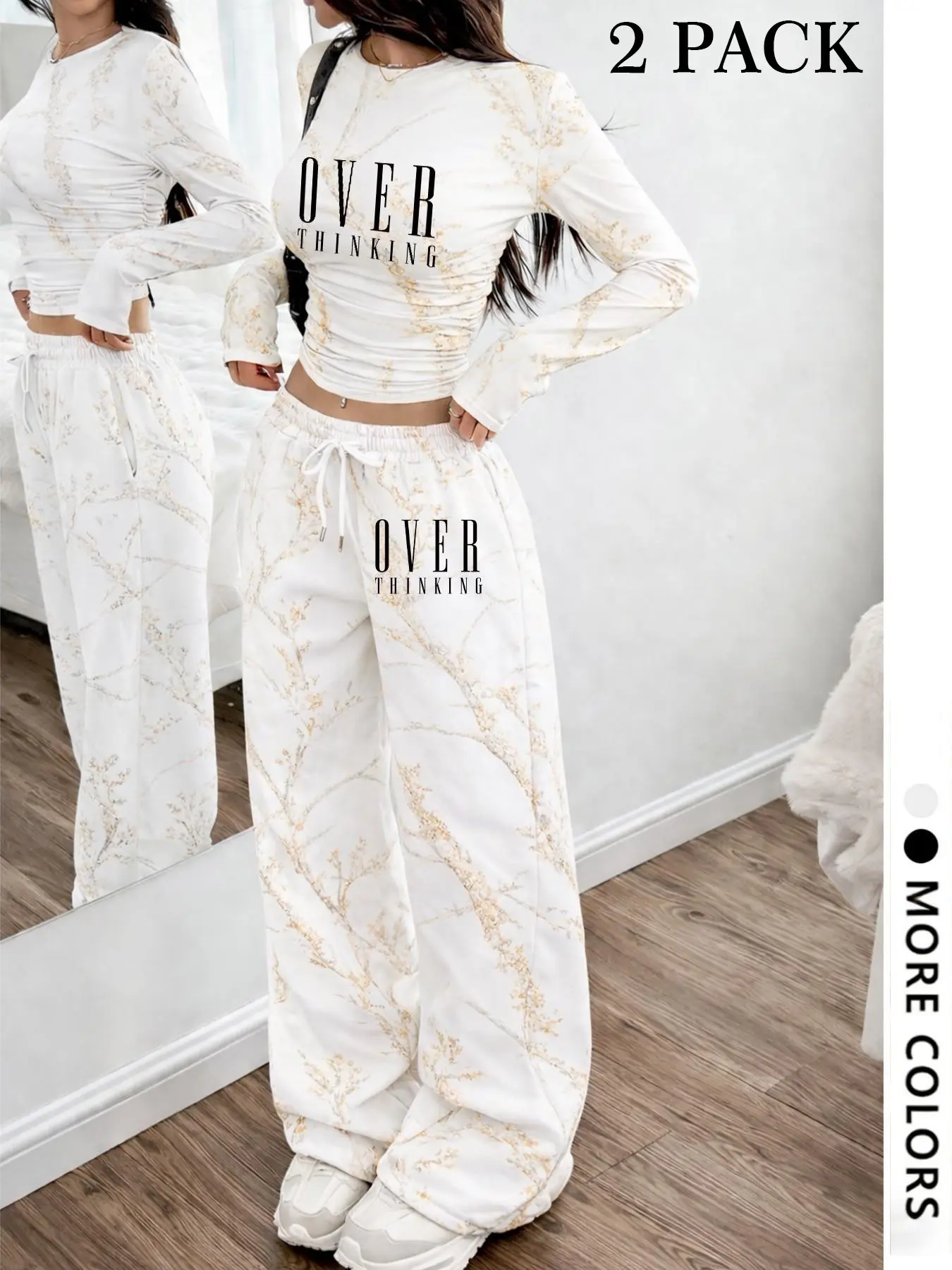 Women's over Thinking Print 2-Piece Pajama Set Pjs Loungewear, Cream Floral Marble Long Sleeve Ruched Top + Wide Leg Pants, Soft Terry Cloth, Home Office Sleepwear