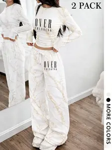Women's over Thinking Print 2-Piece Pajama Set, Cream Floral Marble Long Sleeve Top + Wide Leg Pants, Soft Terry Cloth, Home Office Sleepwear