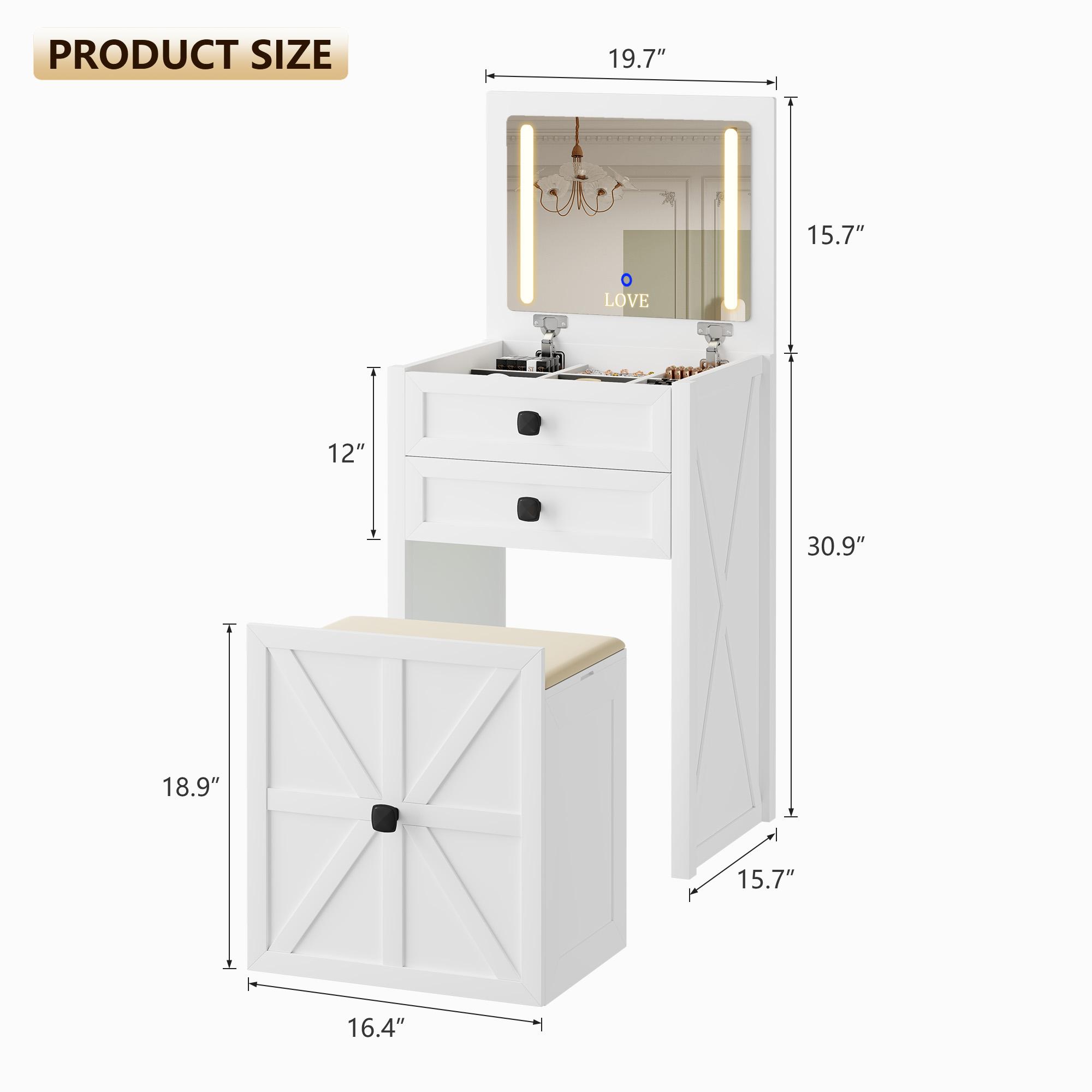 Miu Farmhouse 3 in 1 Vanity with Mirror, 3-Color Adjustable Lighting, Cushioned Stool for Bedroom Organization & Beauty Routines