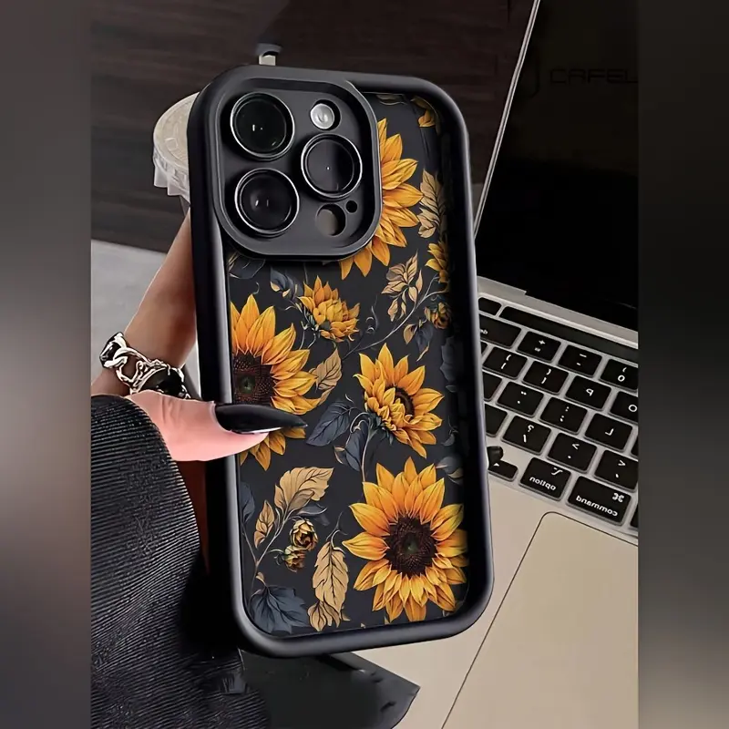 Sunflower Pattern TPU Phone Case for Apple - Shockproof Black Protective Cover with Floral Design Compatible with iPhone 17 16 15 14 Pro Max 13 12 11 Air X XS Plus Shockproof Drop Protection Rugged Durable Silicone Cover