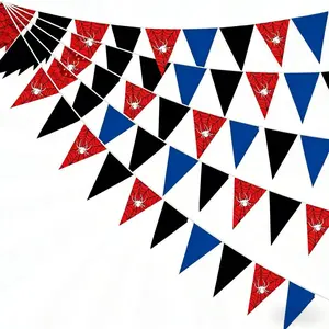 12pcs set of spider-themed Halloween party supplies Happy Birthday banner party decorations, classic red, blue, and black color scheme with Spider Web pattern design triangular flags, home wall decoration, wedding anniversary, holiday celebration supplies