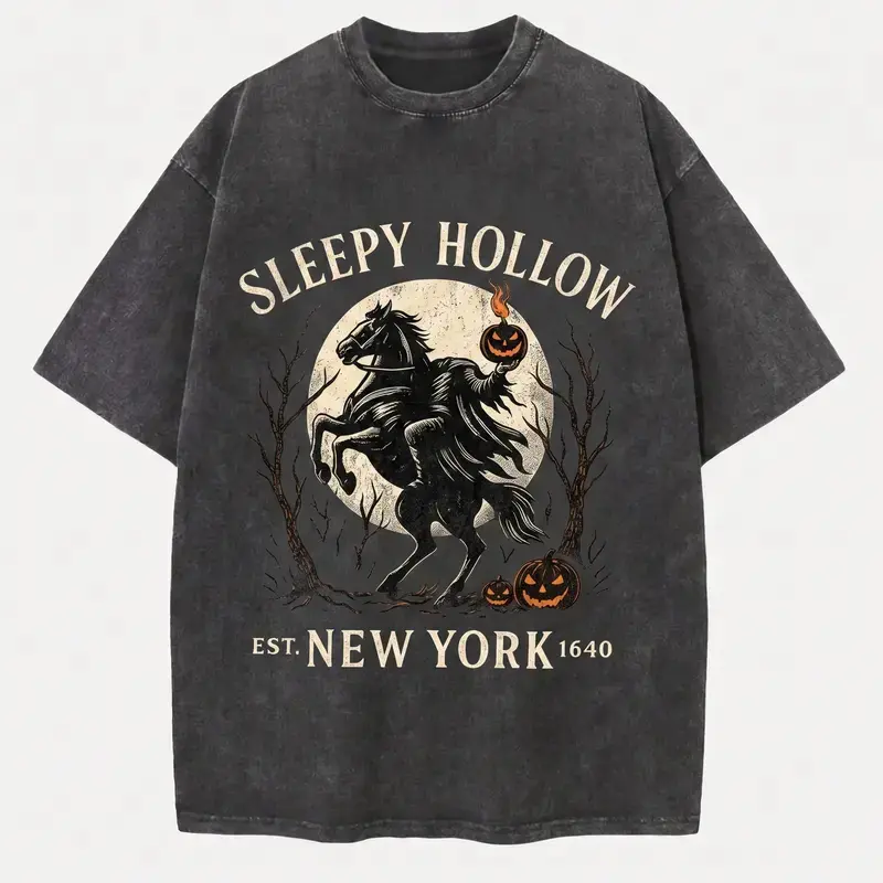 Sleepy Hollow Headless Horseman Vintage Acid Wash T-Shirt, Retro NY 1640 Pumpkin Halloween Graphic Crewneck, 100% Cotton Oversized Unisex Streetwear Casual Fall Holiday Top Clothes Menswear Breathable Classic