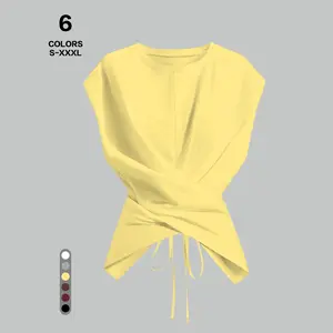 TFNOSlZE women’s casual knit short-sleeve T-shirt; stylish and distinctive asymmetrical crisscross back tie-waist vest top; comfortable, simple, breathable—elegant summer womenswear in minimalist style., Crew Neck, Plain