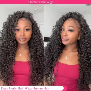 [Half Wig]Bling Hair 3 In 1 Half Wigs Human Hair 180 Density Deep Wave Half Wigs Human Hair Seamless Flip Over Deep Curly Human Hair Drawstring Glueless Wig For Women