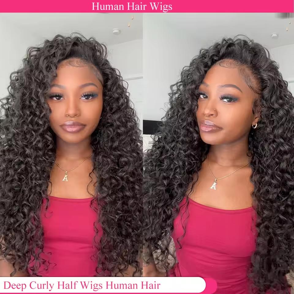 [Half Wig]Bling Hair 12-32 Inch 3 In 1 Half Wigs Human Hair 180 Density Deep Wave Half Wigs Human Hair Seamless Flip Over Deep Curly Human Hair Drawstring Glueless Wig For Women