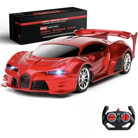 1/18 Scale RC Car 2.4Ghz High Speed Remote Control Vehicle Toy Rechargeable Anti-interference Racing Buggy for Kids, Red Off-Road Gift with Dazzling Headlights & Durable ABS Body for Boys & Girls Ages 3-12