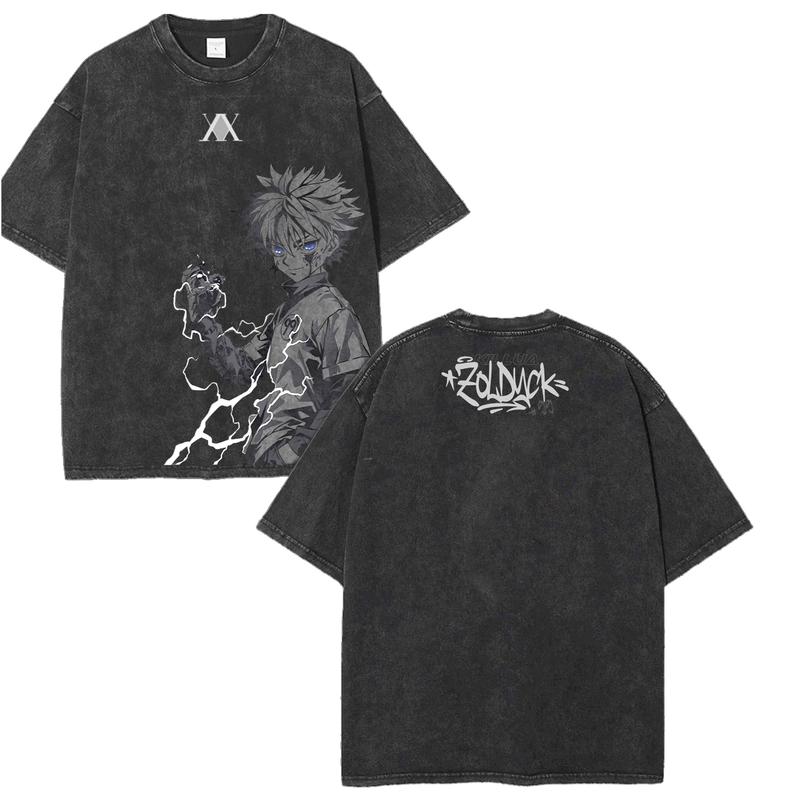 KILLUA Hunter X Hunter Anime Double Printed Vintage Washed Tee Unisex Oversize Heavyweight Cotton Tshirt for Anime Fans and Lovers Comfort Streetwear Fabric Oversized Top Womenswear