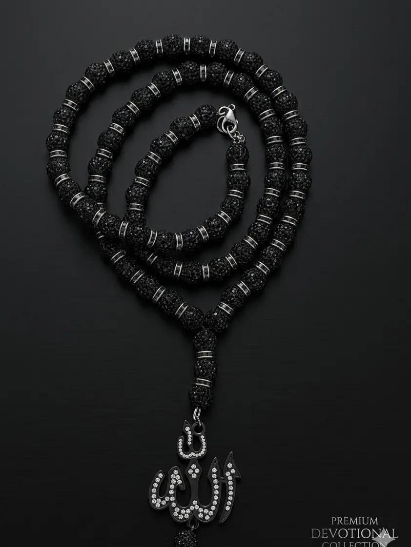 Men's Long Black Unique Beads Tasbih Necklace - 26.8 in Alloy Arabic Calligraphy Pendant, Retro Ramadan Men's Accessories, Devotion Symbol for Daily Fashion, Meaningful Gifts, Unisex, Jewelry