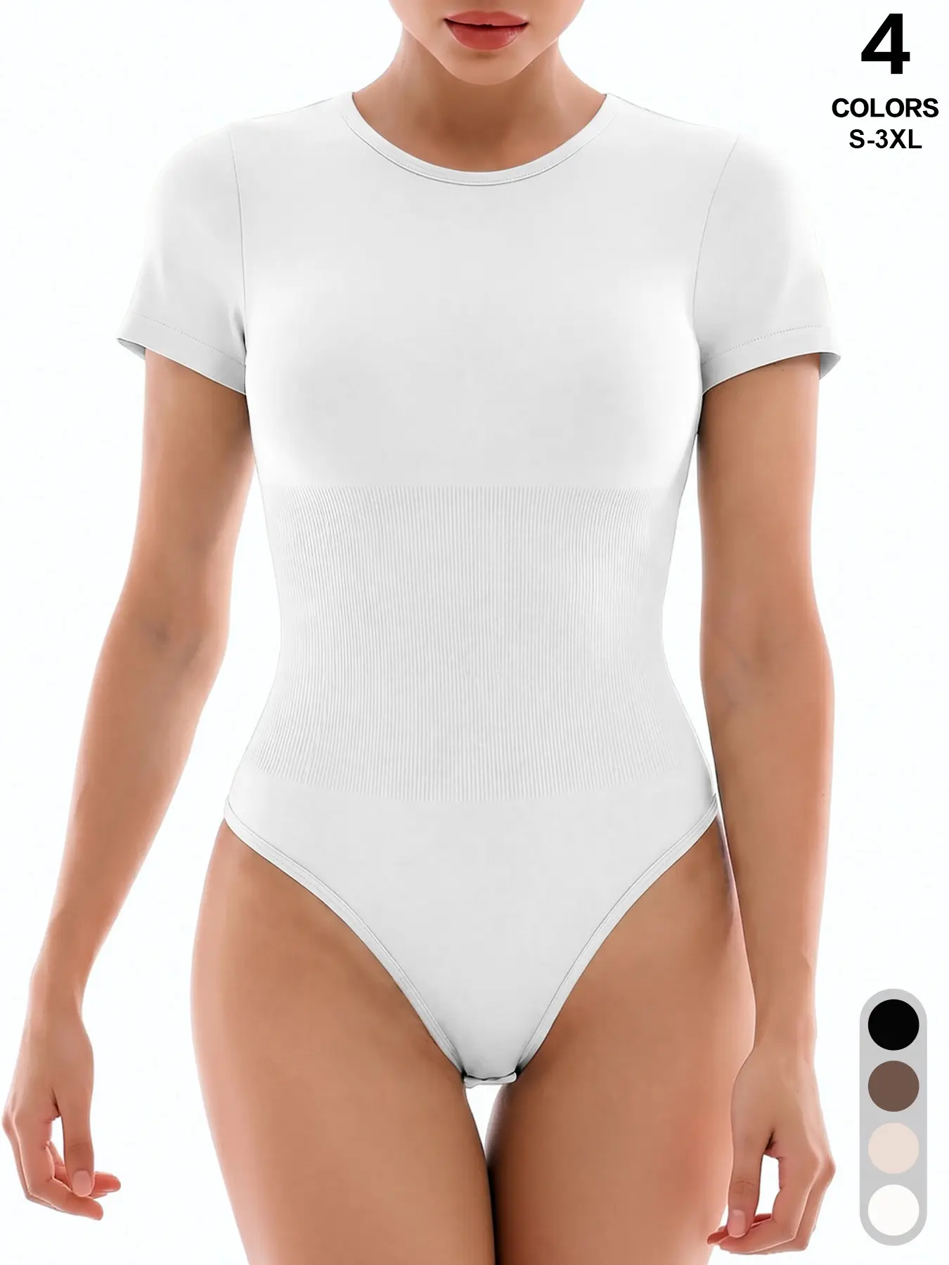 Round Neck Short Sleeve Stretchy Shaping Casual Bodysuit, Tummy Control Seamless Underwear Shapewear Body Shaper for Daily Wear