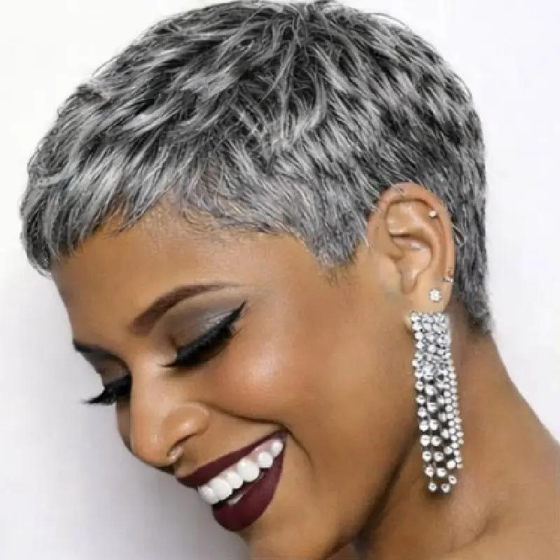 Short Grey Wigs for Black Women 100% Human Hair Wig, Silver Grey Pixie Cut Human Hair Wig Glueless Machine Made Salt and Pepper Short Cut Wig, Lightweight Wear and Go Layered Wigs for Daily Wear