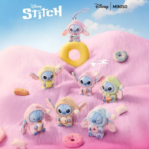 MINISO Disney Lilo & Stitch Eat Something Before Sleep Series Braided Vinyl Fur Plush Pendant Blind Bag Collectible - Sealed 6+1 Collect Set Cartoon Character Toy 1/6 Regular Chance Random Surprise Gift for Disney Fans
