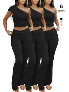 Two Piece Sets for Women Summer Casual One Shoulder Crop Top Foldover Pants Set