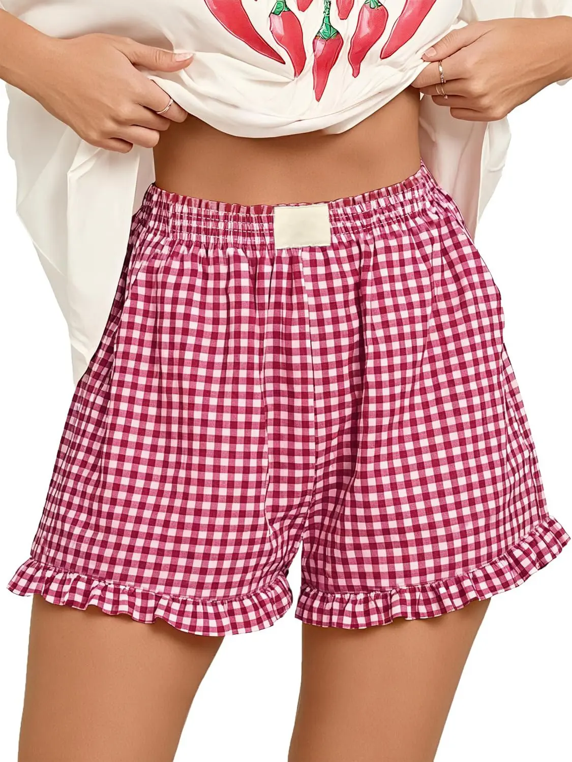 JointlyCreating Y2K Women’s Plaid Casual Shorts Elastic High Waist Loose Fit Breathable Viscose Loungewear Sleep Bottoms