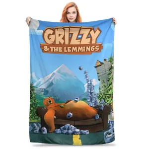 A cartoon bear and lemming printed blanket, soft, comfortable and durable, suitable for sofas, beds, offices, travel or camping supplies