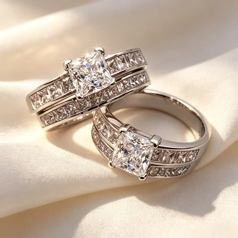 2-Piece Princess Cut Lab-Created Rhinestone Wedding Ring Set - Lightweight & Comfortable for Engagement, Wedding, Promise, Eternity, Anniversary & Birthstone Rings