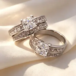 2-Piece Princess Cut Lab-Created Rhinestone Wedding Ring Set - Lightweight & Comfortable for Engagement, Wedding, Promise, Eternity, Anniversary & Birthstone Rings
