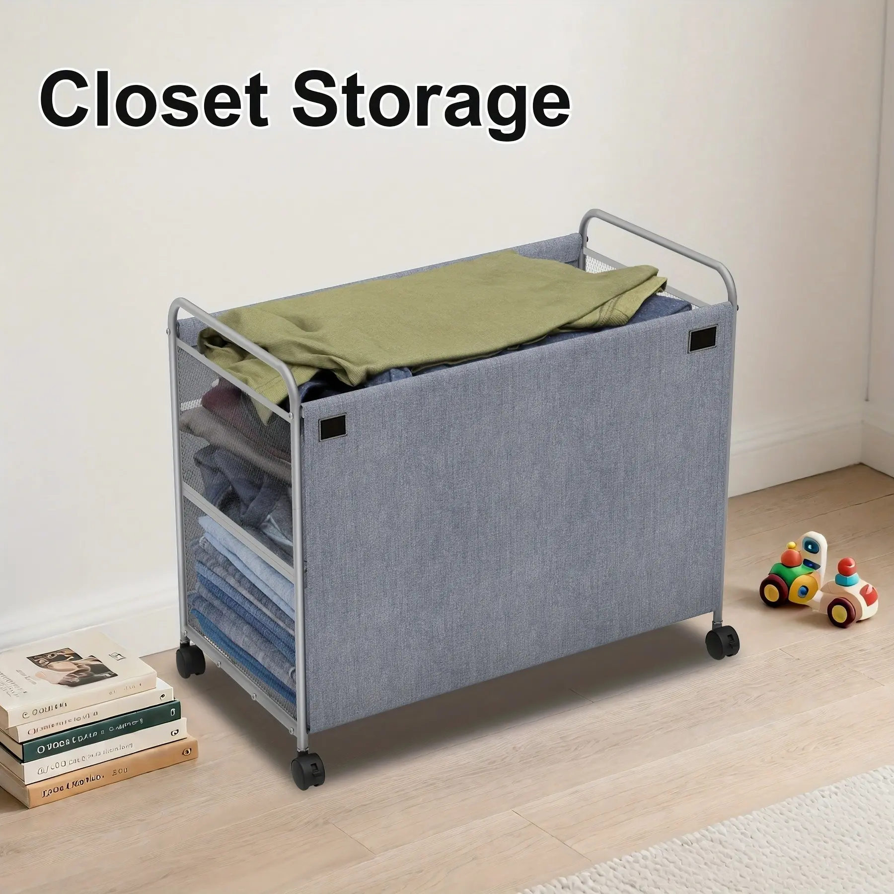Laundry Basket with Wheels and Lid, Rolling Clothes Laundry Hamper Cart with Pocket, Laundry Sorter Organizer with Handle, Large Capacity Storage Bins Steel Frame, 24.57gal, Grey, for Closet, Bathroom, Bedroom, Laundrys Room Home Decor