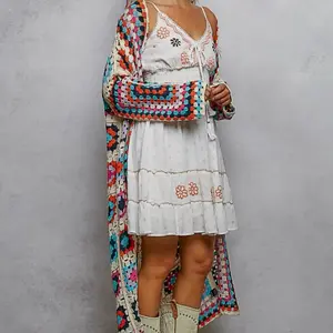 Long Crochet Open Cardigan with Vibrant color Boho Style for Women