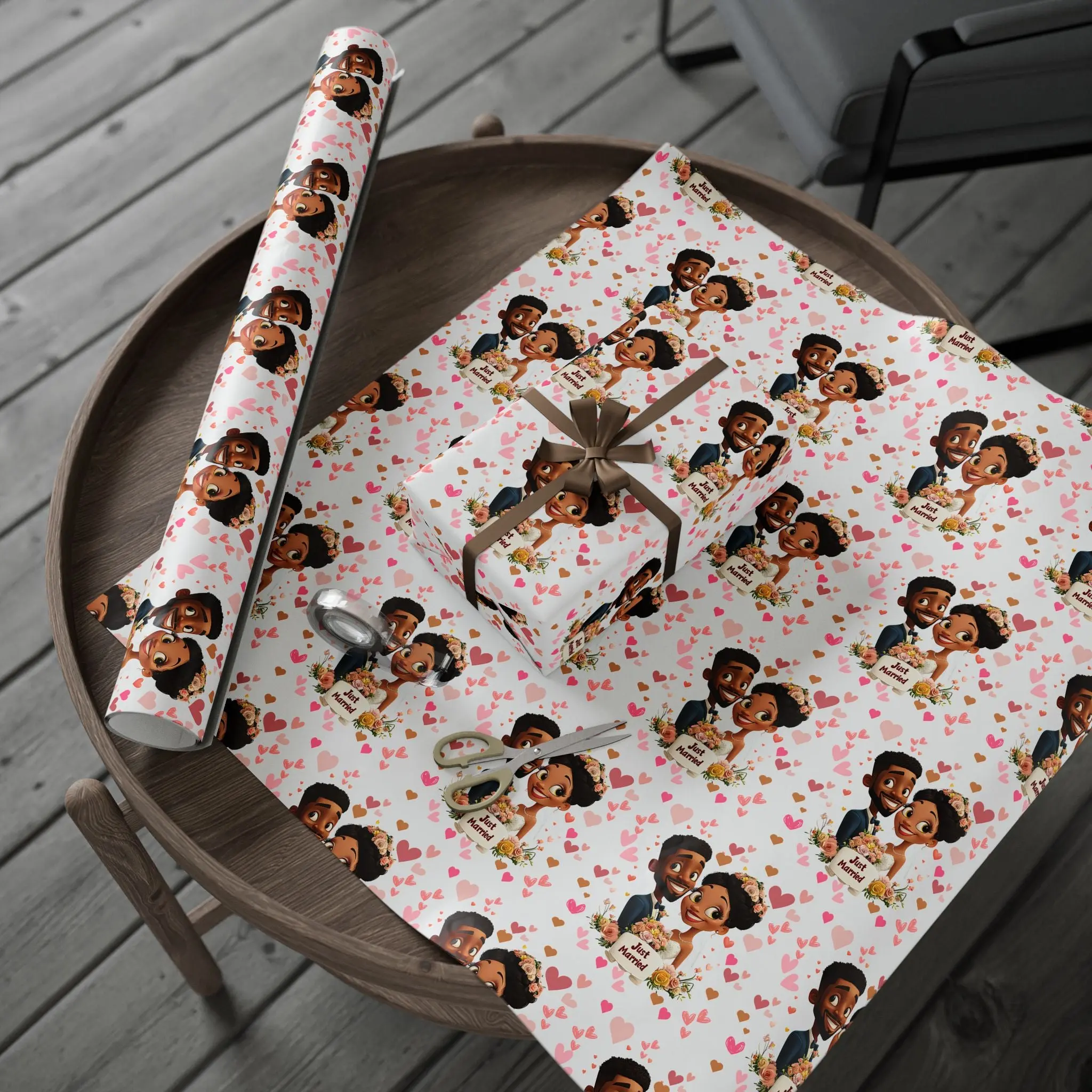 Playful Cartoon Wedding Wrapping Paper – Just Married Theme