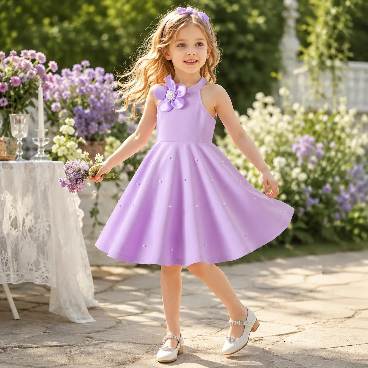 Girls Halter Flower Dress Sleeveless Pearl Princess Dress for Kids 4-7 Years Party Birthday Outfit