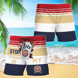 Miller Lite Stop Staring At Horizontal Striped Hawaiian Fl,Hawaiian Floral Swim Trunks – Quick Dry Beach Shorts for Men