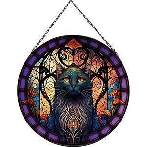 Black Cat Stained Glass Suncatcher – (3.5" 4" 6" 8" 10" 12") Autumn & Christmas Window Hanging, Indoor/Outdoor Cat Lover Decor, Halloween Front Door & Wall Hanging
