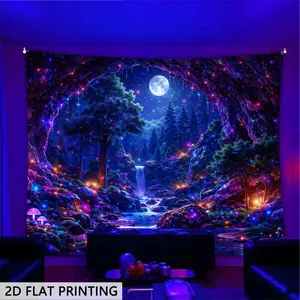 2D Flat Mountain Cave Waterfall Glow-in-the-dark Blacklight Tapestry, Household Items Decor, Home Decoration Wall Hanging, Indoor-Outdoor Holiday Porch Door Flag
