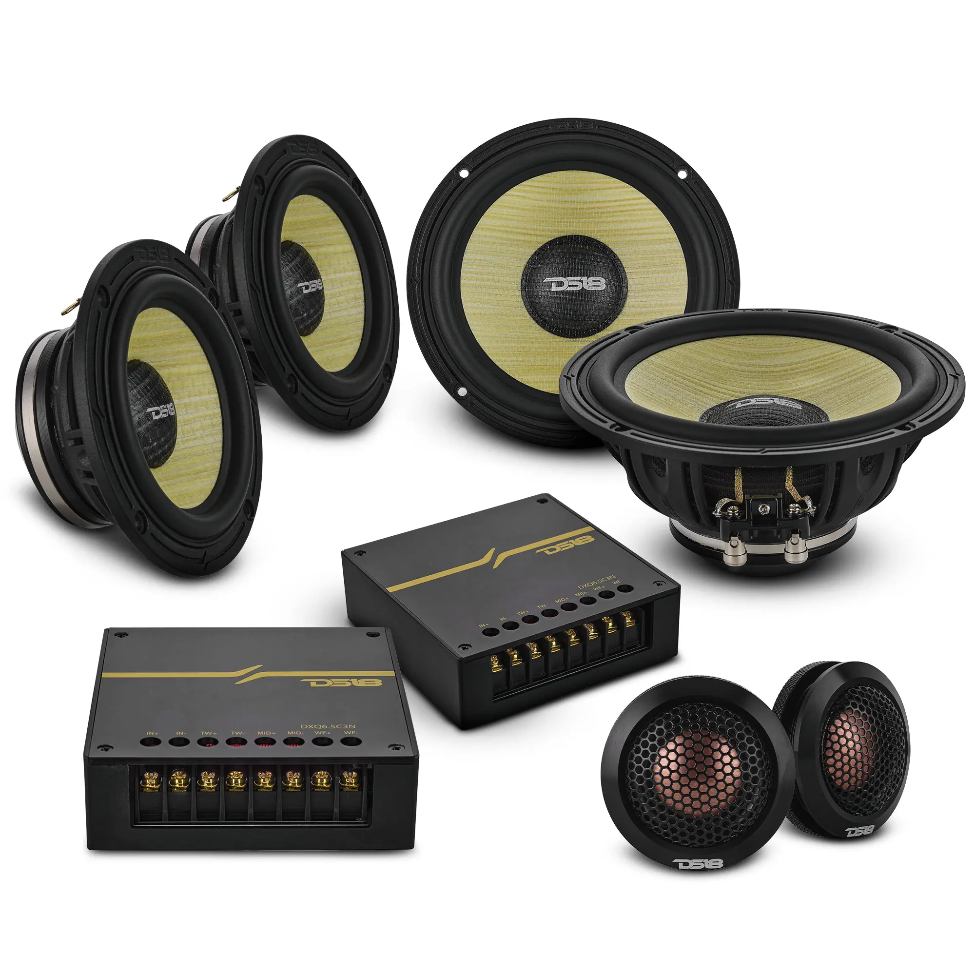 DXQ 6.5" 3-Way Component Speaker Set with Neodymium Magnet and Yellow Straw + Composite Foam Cone | | 180W RMS 4-Ohm (DXQ6C3N)