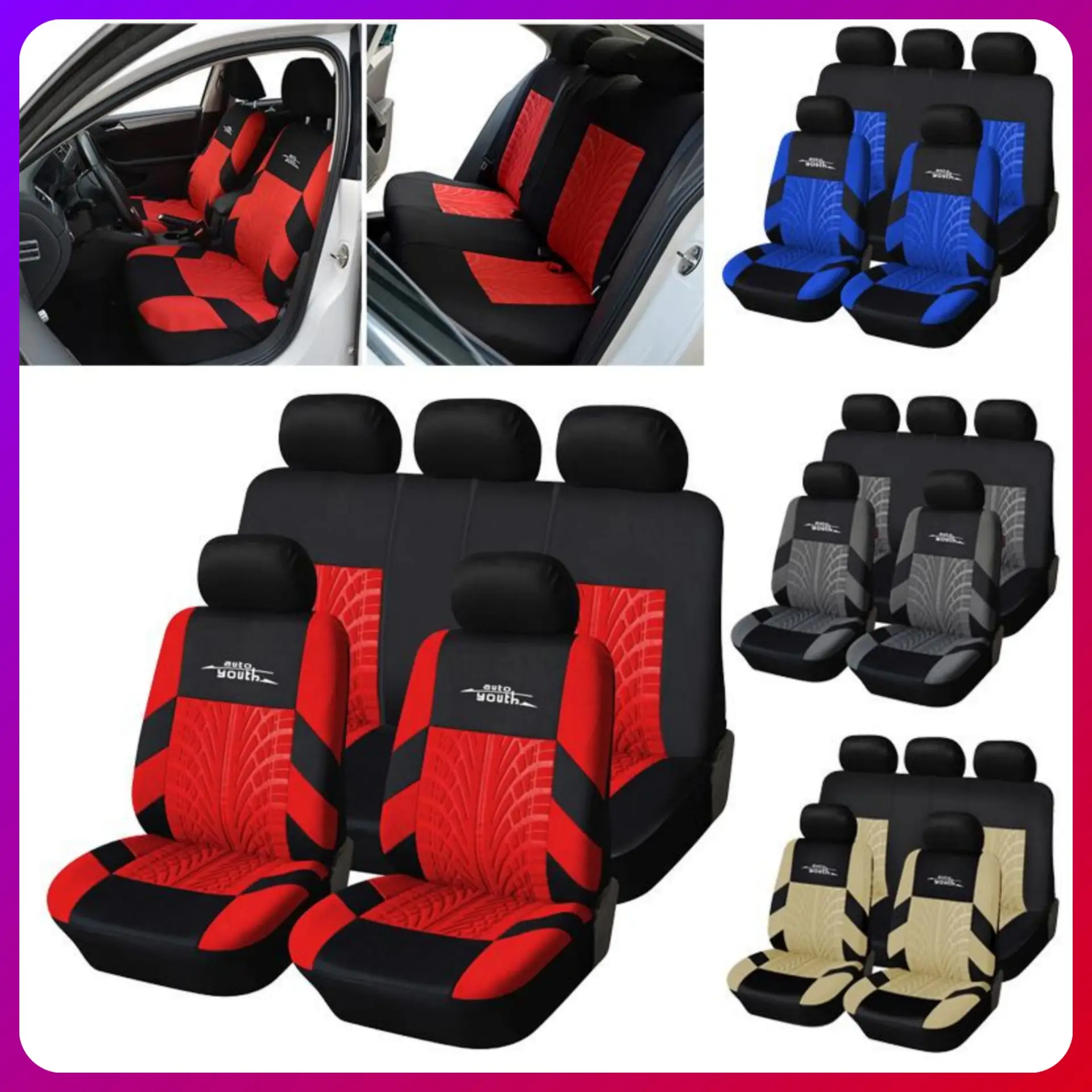 Embroidery Car Seat Covers 1 Set Universal, for Car Front and Rear Seats, 5-Seater Breathable Fabric Car Seat Protectors, Airbag Compatible, Fit Most
