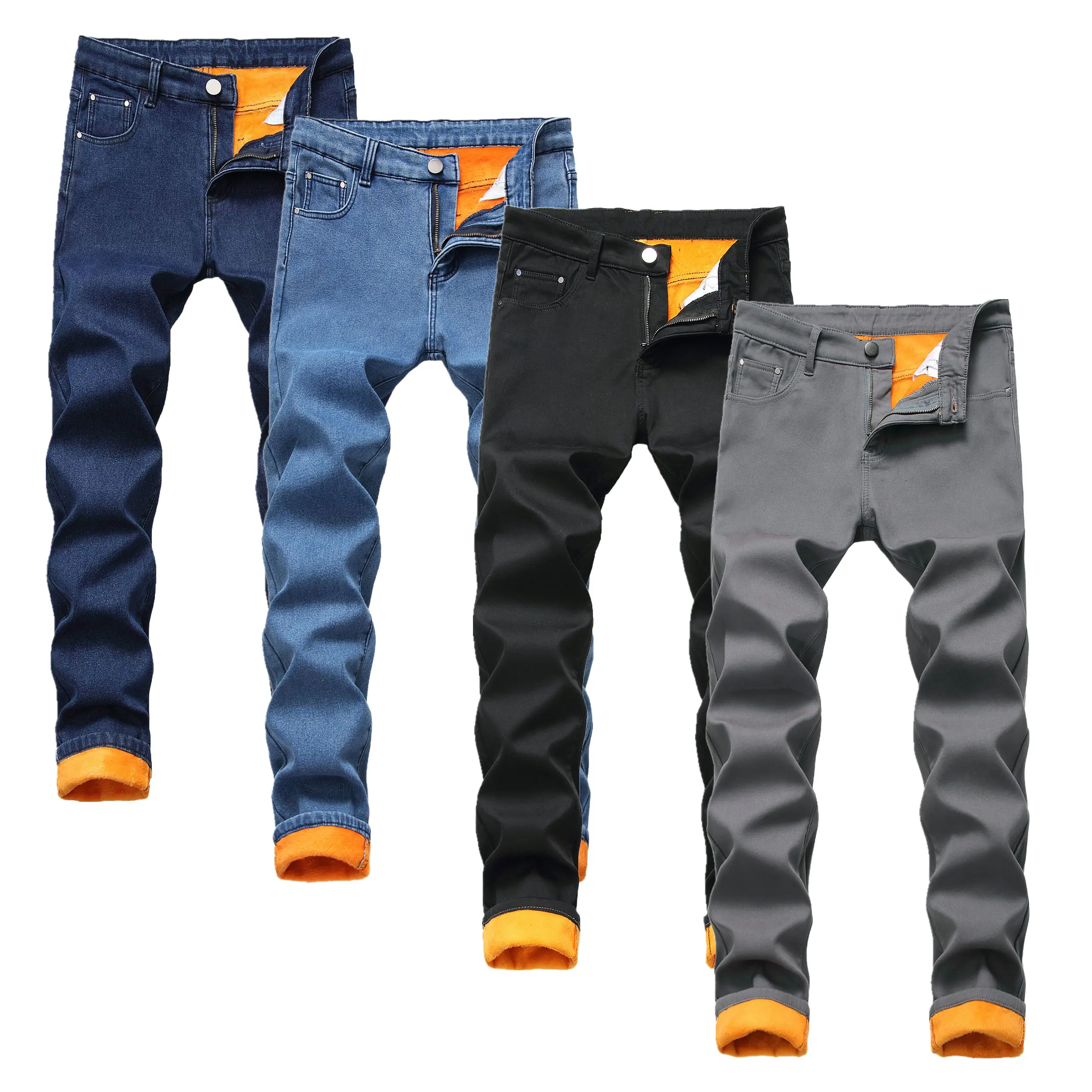 Men's Slim-Fit Skinny Mid-Waist Below-Ankle Simple Denim Pants, Autumn-Winter Fleece Jeans with Orange Trim, Elegant Menswear Denim Clothing
