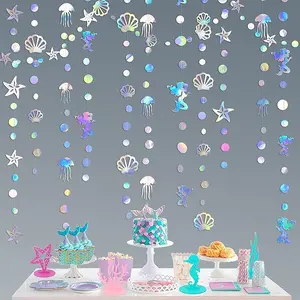 40 Ft Iridescent Mermaid Garland with Jellyfish Seashell Starfish Pearl Holographic Paper Streamer for Little Mermaid Rainbow Theme Birthday Baby Shower Under The Sea Party Decorations