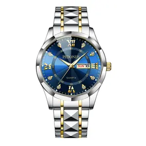 Men's Watch Luminous Business Simple Quartz Stainless Steel Band with Gold Accents Blue Dial Date Display Day Indicator