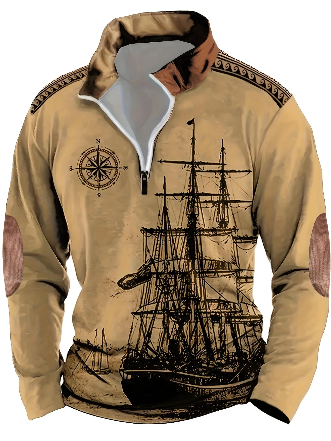 Autumn and winter vintage style sailboat print men's casual and comfortable long sleeved polo shirt Streetwear Collared Menswear