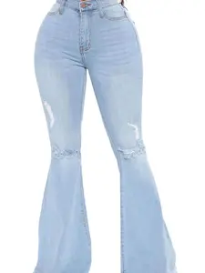 Women's Ripped Jeans Bell Bottom Flare Jeans Mid Rise Destroyed Hem Denim Pants