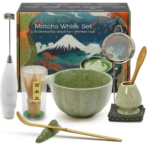 Matcha Whisk Set Incl. Ceramic Bowl With Spout, Whisk (Chasen), Stand,  Scoop, Sifter, Electric Frother,  Towel etc. 9 count Matcha Making Starter Kit, Mottled Green