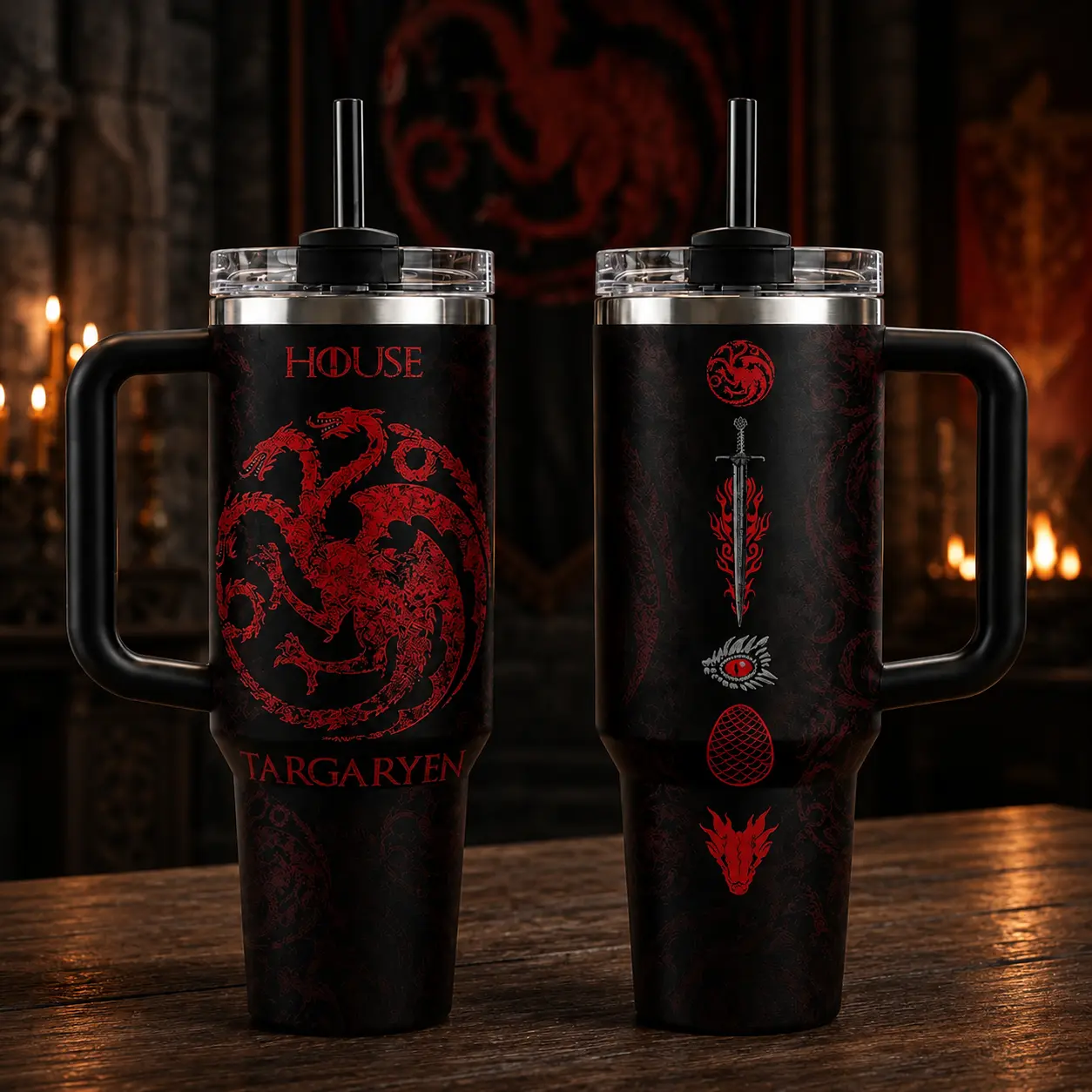House of the Dragon 20oz 40oz Tumbler with Handle, House Targaryen Dragon Stainless Steel Travel Mug, Double Wall Insulated Cup Gift for Fans