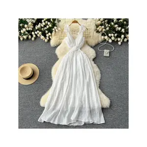 SYHAN 2026 Latest Elegant French Style Vacation Fairy Dress Sleeveless Backless Ruffle Detail Hollow-out Midriff Midi Length Crew Neck Print Pattern Perfect for All-season Casual Womenswear